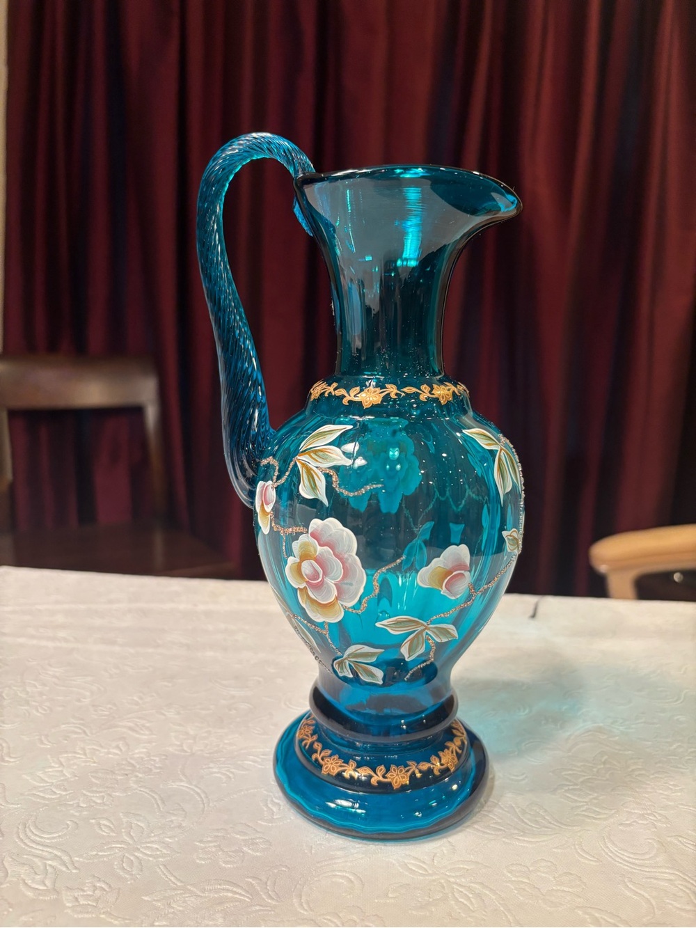 Fenton New Century Teal Glass Hand Painted Pitcher